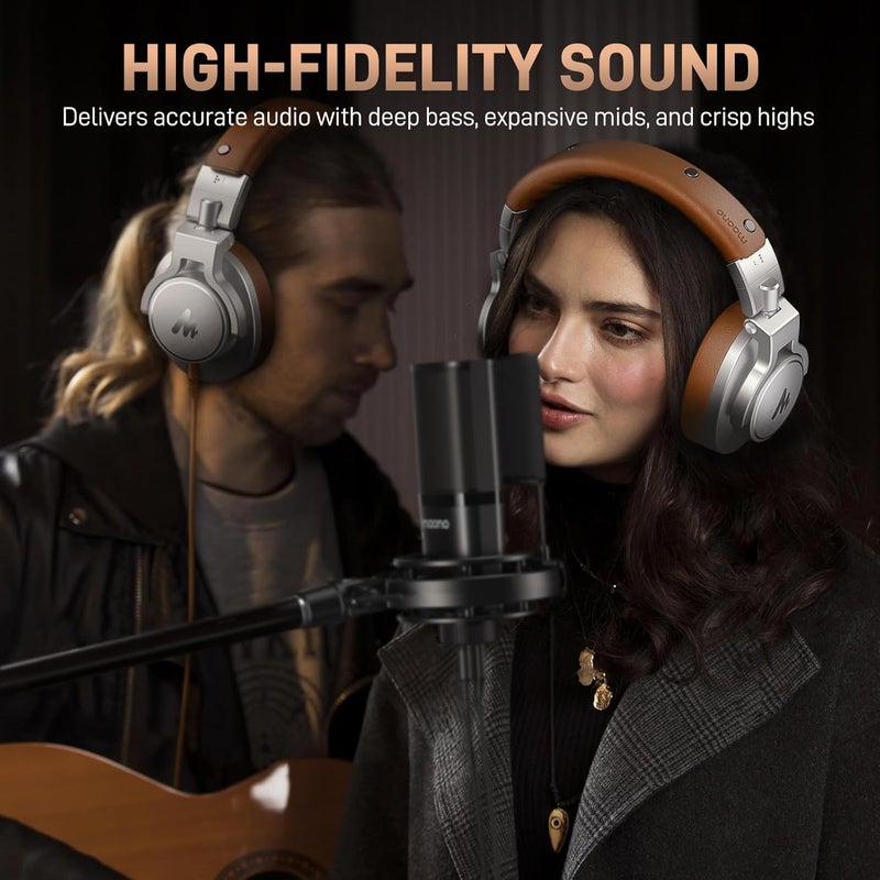 Maono سماعات استوديو احترافية ومراقبة ومزج DJ - سماعات سلكية ستيريو مغلقة من فوق الأذن لجهاز الجيتار AMP، البودكاست، التسجيل، البث، الكمبيوتر، إنتاج الموسيقى، لوحة المفاتيح، MH700 فضي - Image 5